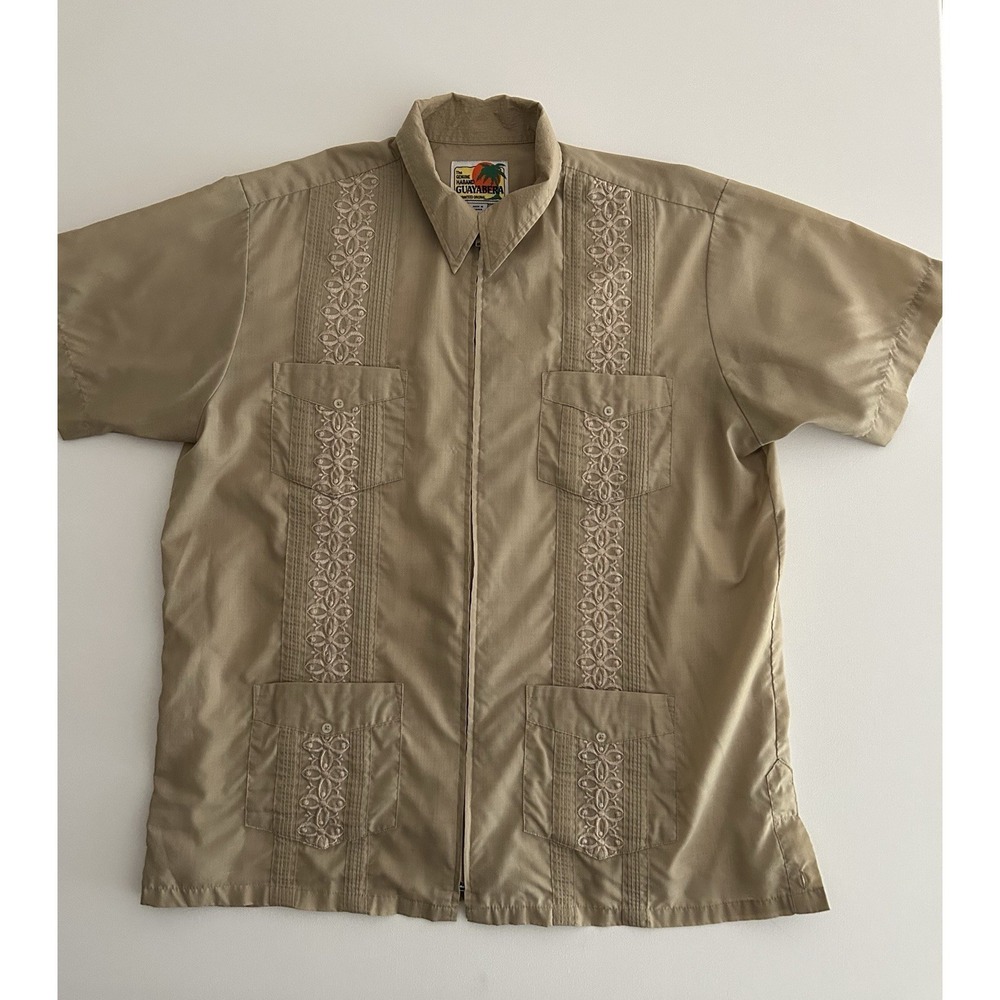 Haband Genuine Guayabera Full‑Zip Embroidered Shirt Beige Men's Size M